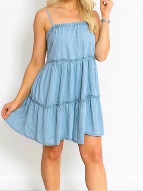 Primark Denim Co. Tiered Chambray Mini Dress - Light Wash - Size 2